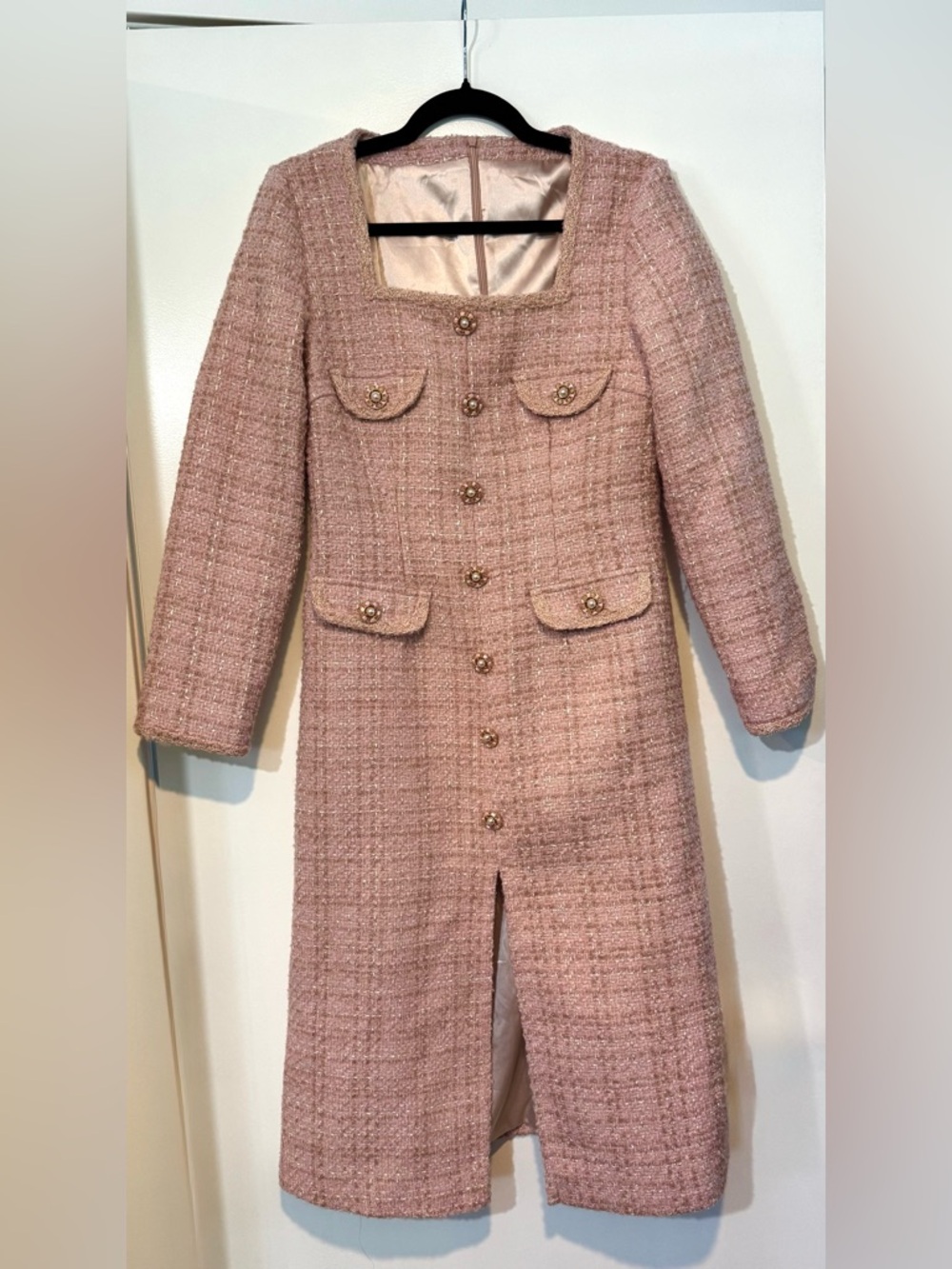 NWT Rêve Rêve Pink Tweed Square Neck Midi Dress Pearl Buttons Size 8